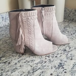 REBECCA MINKOFF IRIS PEEP TOE FRINGE BOOTIE